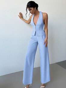 Firerie Nuevo conjunto de primavera/verano de estilo elegante, moda casual versátil, vintage de lujo, color lino sólido, chaleco sin mangas con cuello en V y lazo en la espalda, y pantalones anchos de pierna ancha con pliegues de cintura alta, 2 piezas para otoño/invierno