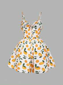 SHEIN MOD Plus Size Front Tie-Waist Fruit Print Rompers,Boho,Concert ,Romantic ,Spring ,Festival,Tropical ,Vacation ,Wide Leg Jumpsuit Lemon Print Dress Summer Sundress Women Short Sun Dress A Line Summer Dress Fruit Dress - Multicolor - View 2