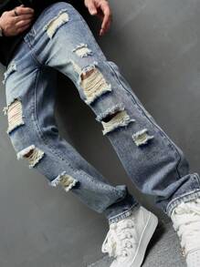 Manfinity EMRG Jeans vaqueros casuales y versátiles con bolsillos y efecto desgastado para hombres de talla grande