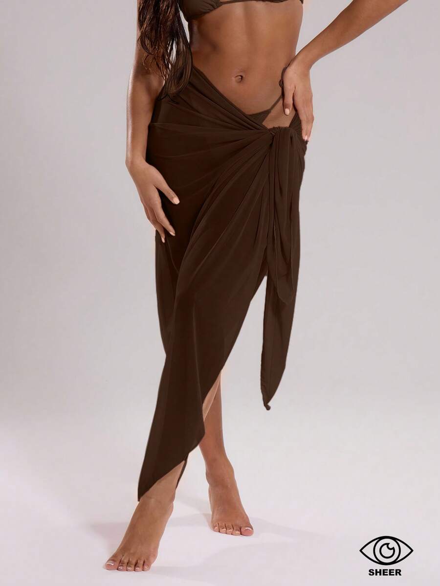 Musera Resort 网眼透明领带长纱笼罩衫游泳度假夏季假日波西米亚风可爱性感简约优雅披肩休闲沙滩裹裙旅行日常穿着棕色秋季 - 棕色 - 查看 1