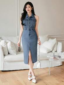 DAZY Western Style Denim Dress For Women, Sleeveless Jean Dress With Distressed Details And Side Slit