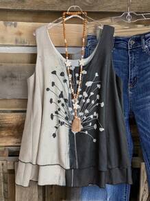 Linhara Camiseta suelta de estilo vacacional casual de verano con estampado floral en dos tonos para mujer de talla grande - Albaricoque - Ver 1