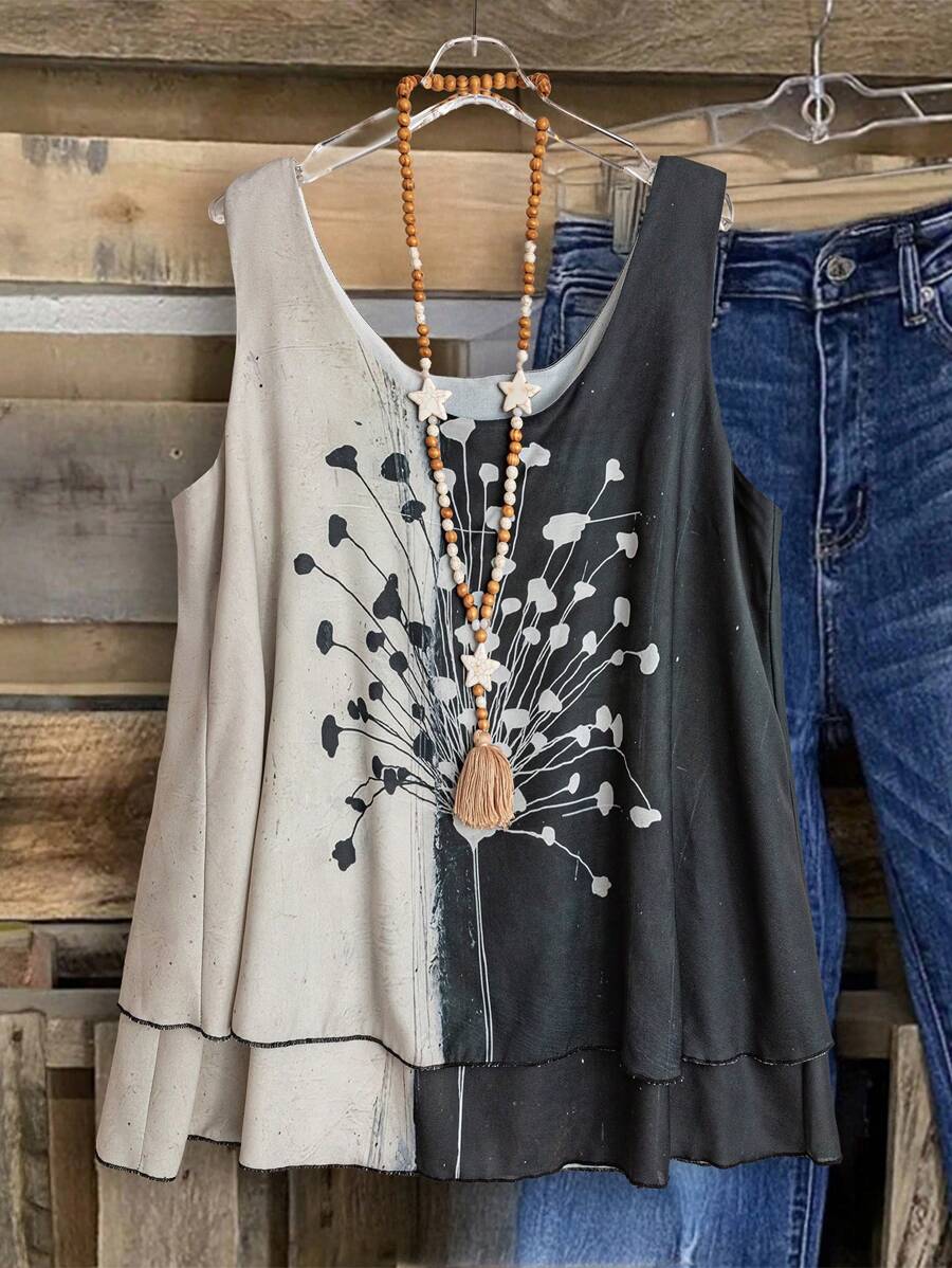 Linhara Camiseta suelta de estilo vacacional casual de verano con estampado floral en dos tonos para mujer de talla grande - Albaricoque - Ver 1