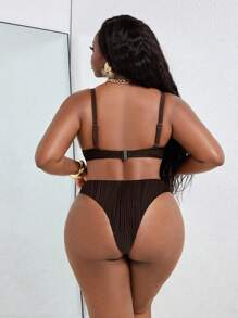 Slaydiva Plus Size Women's Sexy Steel Boned Textured Adjustable Bikini Set For Summer Beach Vacation - Brown - View 2
