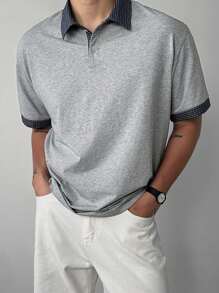 DAZY Camisa tipo polo de hombre con cuello a contraste gris, para verano
