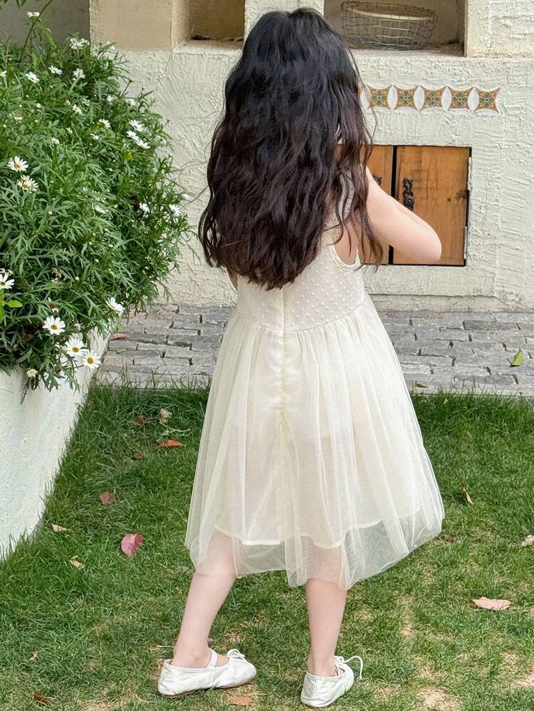 Sleeveless Mesh Patchwork Tank Dress With Mesh Skirt For Young Girl,Girls Summer Outfits