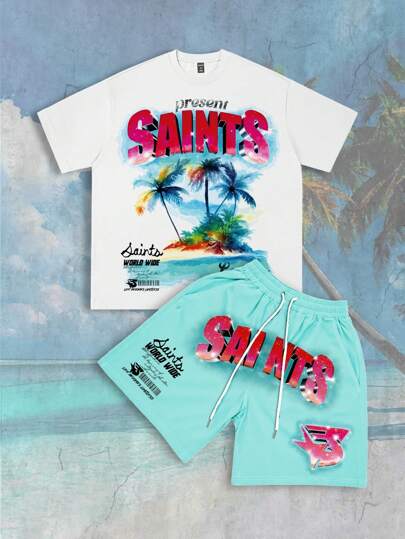 Street Life Herren Oversized Punk-Grafik-Muster Crop Top und Shorts Set, Vintage Streetwear Stil