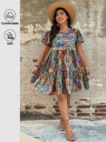SHEIN LUNE Vestido veraniego de talla grande para mujer con cuello redondo, manga corta y diseño colorido, vestido corto de línea A para vacaciones, atuendo de playa y festival para mujer