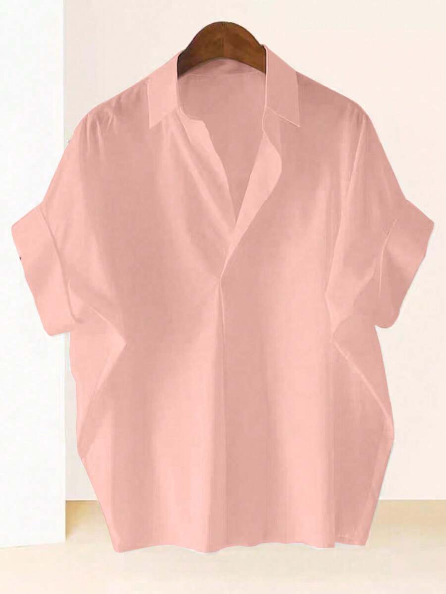 Franclia 时尚高端法式设计宽松蝙蝠袖翻领女式粉色衬衫 - 粉色 - 查看 1