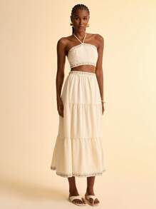 CAJUNI Boho Vacation Casual Embroidered Fringed Skirt, For Women In Apricot - Apricot - View 6