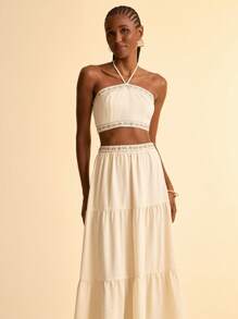 CAJUNI Boho Vacation Casual Embroidered Fringed Skirt, For Women In Apricot - Apricot - View 8