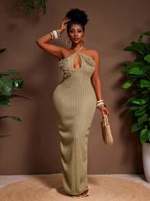 Veslaya 2025 春夏新款海滩度假休闲派对优雅性感露背钩针镂空荷叶边紧身透视鸡尾酒会连衣裙，大码女款