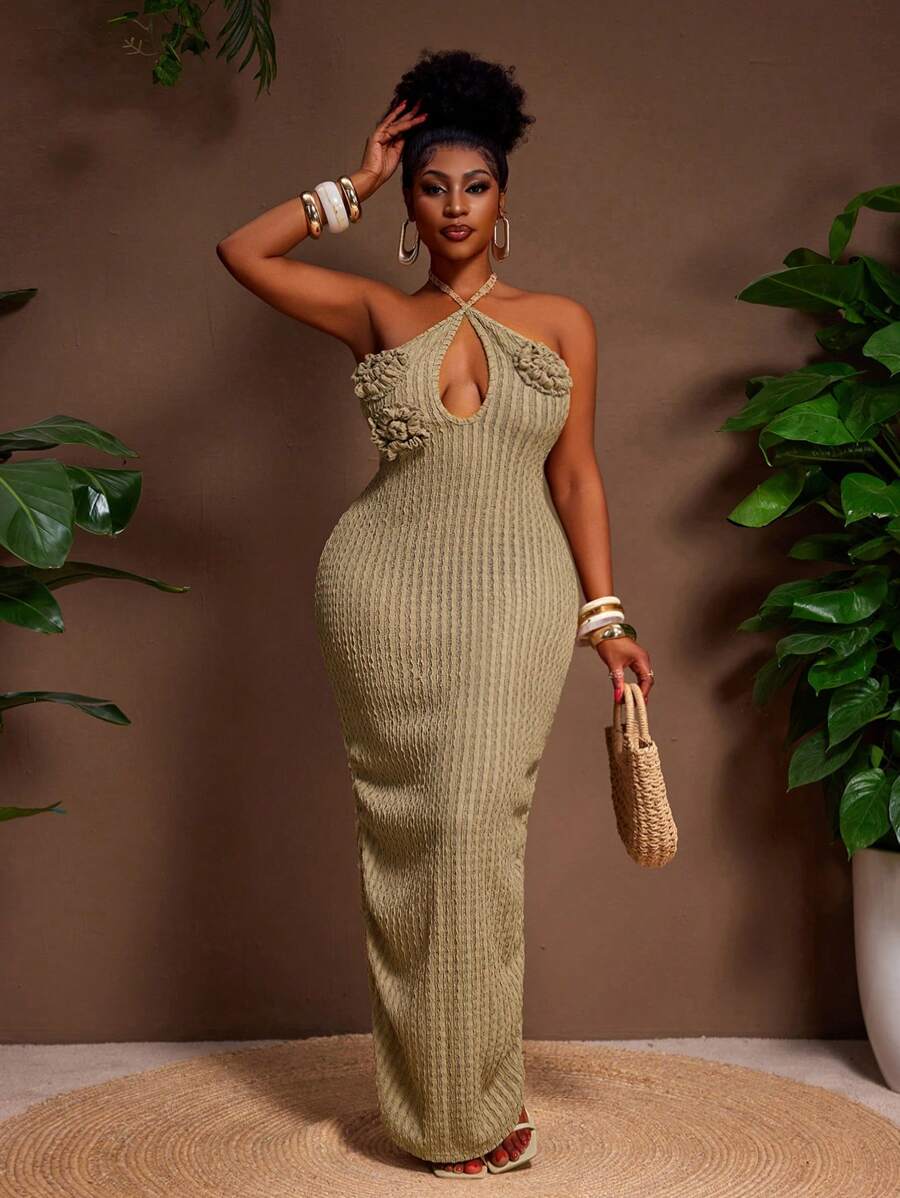 Veslaya 2025 春夏新款海滩度假休闲派对优雅性感露背钩针镂空荷叶边紧身透视鸡尾酒会连衣裙，大码女款