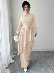 Mulvari 2件套纯色时尚系带不对称下摆女式上衣和裤子套装 - 杏色 - 查看 5