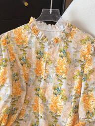 Rometta Elegant Vintage French Style Casual Commuting Blouse With Puff Sleeves And Ruffle Hem Yellow Blouse Spring Shirts For Women Shirts For Women Summer Spring Blouse Shirts For Summer