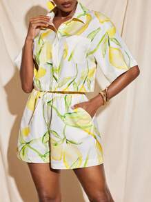 Becci Summer Fruit Lemon Printed Crop Blouse And Drawing String Elastic Waist Shorts Set