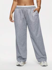 女式加大码撞色松紧腰带抽绳宽松直筒裤口袋休闲运动裤