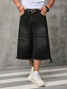 Manfinity EMRG 男士休闲水洗阔腿牛仔短裤 - 黑色 - 查看 4