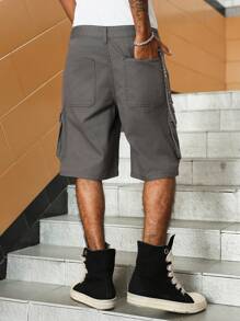 Manfinity Roghcode Pantalones cortos vaqueros informales sueltos de unicolor con bolsillo para hombre, de verano - Gris - Ver 2