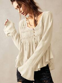 Bohemela 度假休闲纯色 V 领长袖编织女式衬衫