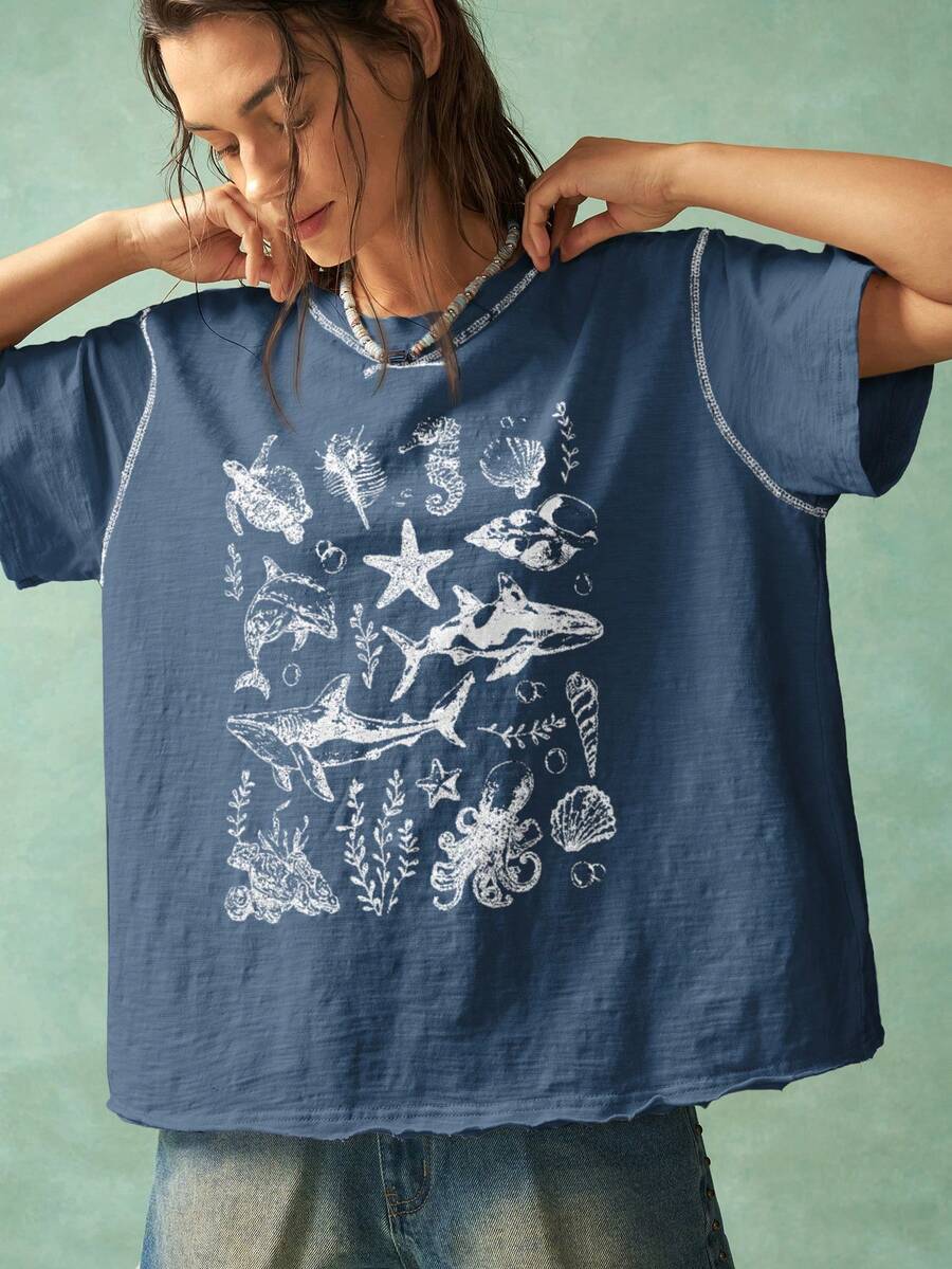 Bohemela Áo thun tay ngắn cổ tròn in hình đại dương mùa hè cho nữ - Màu xanh lam - Xem 1