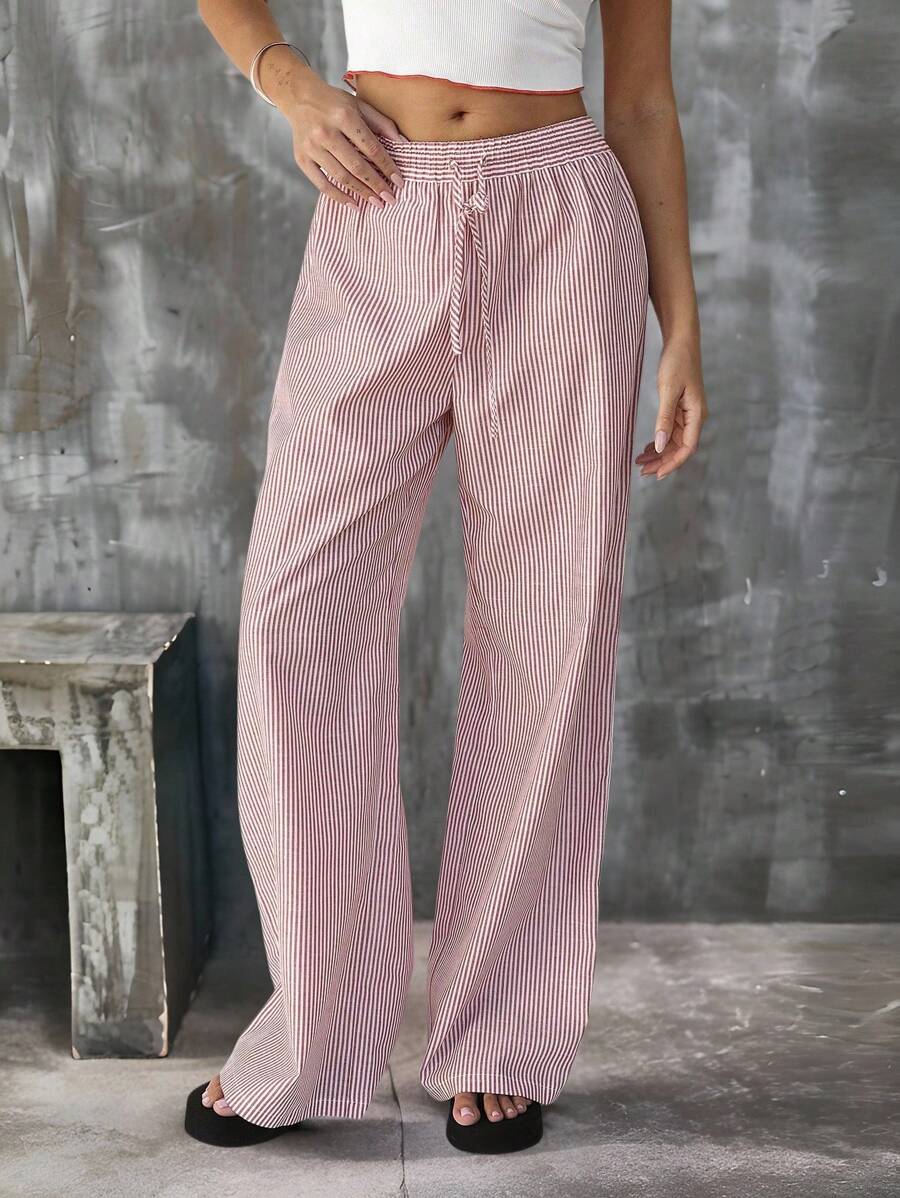 Roylia Pantalones largos de mujer de estilo elegante y sencillo, de diseño clásico de rayas, con cordón y torsión, para uso diario
