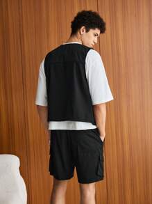 SWAVVY Men Flap Pocket Vest Jacket & Drawstring Waist Shorts
