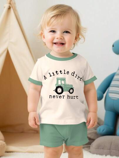 SHEIN Baby Boy Casual Cute Cartoon Retro Car Graphic Print, "A Little Dirt, Never Hurt" Slogan Round Neck Short Sleeve T-Shirt, Suitable For Summer, Home, Outdoor