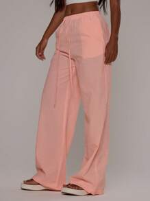 MUSERA Summer Textured Linen Feel Tie Waist Trousers Vacation Holiday Airport Beach Casual - Orange - View 4