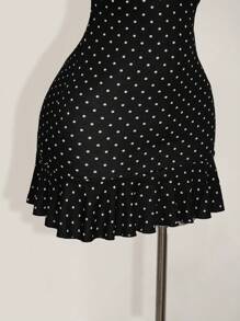 SHEIN ICON Plus Size Deep V-Neck Black & White Polka Dot Casual Vacation Vintage Mini Dress, Summer Dress For Women, Summer Vacation, Back To School Clothes,Summer Dresses For Women,Wedding Guest Dress Women - Black and White - View 6