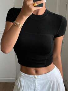 DAZY Damen Lässig Raglanärmel Split Design Slim Fit Sexy T-Shirt, Kurzarm, Streetwear, Sommer, Crop Tops Damen, Kleidung für den Schulanfang - Schwarz - Übersicht 1