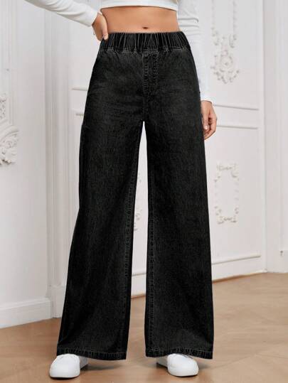 EMERY ROSE Women's All-Match Casual Versatile High Waist Wide Leg Loose Medium Blue Woven Thin Material Regular Jeans