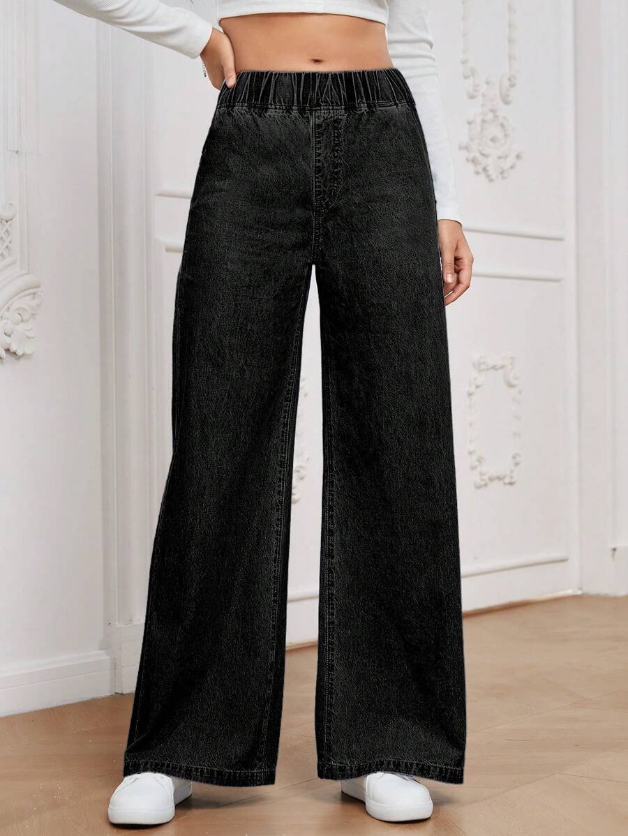 EMERY ROSE Women's All-Match Casual Versatile High Waist Wide Leg Loose Medium Blue Woven Thin Material Regular Jeans - Black - View 1