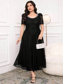 Modelyn Plus Size Simple Rhinestone Decor Dress, Fashionable & Suitable For Summer