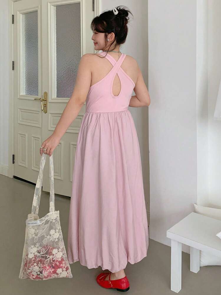 Dazy Plus Plus Size Solid Color Criss-Cross Elastic Pleated Hem Sleeveless Pink Dress Women Dresses Elegant Gown Nice Dress For Women,Casual Women Dresses Cruise Outfit For Women