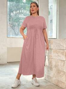 SHEIN Essnce Plus Size Women's New Summer Fashion Casual Solid Color Waist Strap A Hem (With Pockets) Long Short-Sleeved Dress - Dusty Pink - View 4