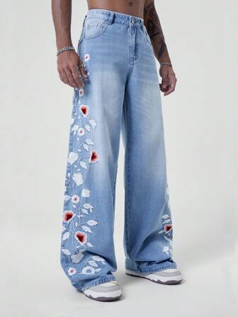 Jeans amples et amples avec broderie florale pour hommes