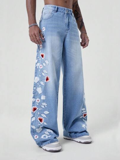 Jeans holgados y sueltos con bordado floral para hombre