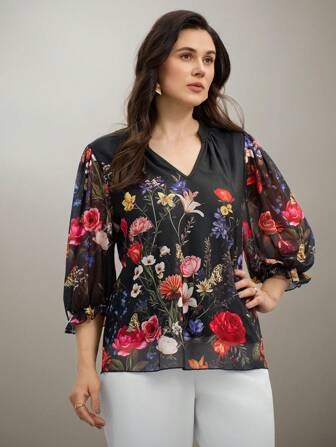 Flouryn Plus Size Women's V-Neck Mesh Floral Print T-Shirt, Casual And Elegant For Outdoor Wear, Summer