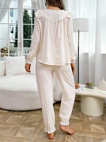 SHEIN 2pcs Set Piyama Wanita Motif Renda Patchwork Pinggang Elastis Lengan Panjang & Celana Warna Polos Bahan Chiffon - Aprikot - View 2