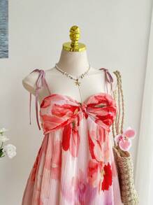 Comfortcana Plus Size Summer Floral Print Pleated Bow-Tied Casual Beach A-Line Cami Dress