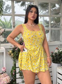 SHEIN EZwear 大码女式碎花无袖连体裤，带口袋 - 黃色 - 查看 3