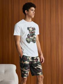 SWAVVY 男士迷彩熊印花短袖动漫 T 恤和短裤套装 - 白色 - 查看 4