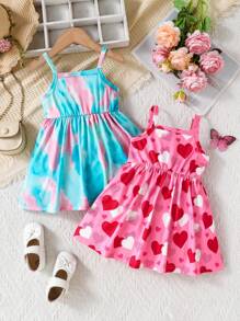2 件女童针织牛奶丝吊带裙，心形数码印花和蜡染数码印花，适合夏季日常穿着、外出、旅行、度假和聚会 - 彩色 - 查看 2