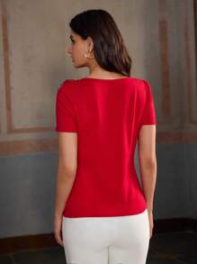 ZEYLAH Women 3D Flower Solid Color Simple T-Shirt, Fashionable For Summer - Red - View 3