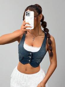 SHEIN ICON Retro Style Cropped Denim Jacket Vest - Medium Wash - View 5