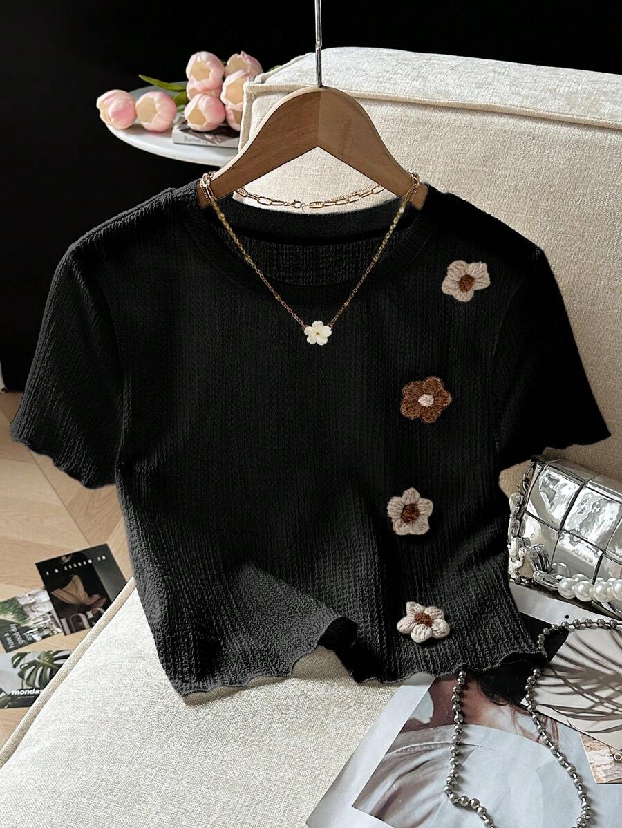 SHEIN Áo thun nữ tay ngắn họa tiết hoa trang trí đơn giản - màu đen - Xem 1