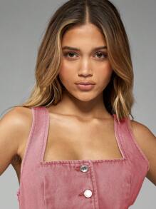 MISSGUIDED صدرية علوية جينز كاجوال ذات وحي غربي بأزرار أمامية وياقة مربعة بلا أكمام، بتصميم كورسيه، للربيع والخريف - وردي - مشاهدة 4
