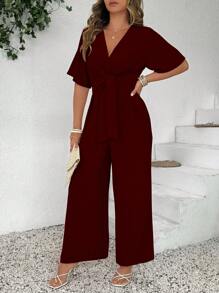 SHEIN Clasi Jumpsuit Kasual Retro Modis dengan Leher V dan Pinggang Terikat - Burgundy - View 7