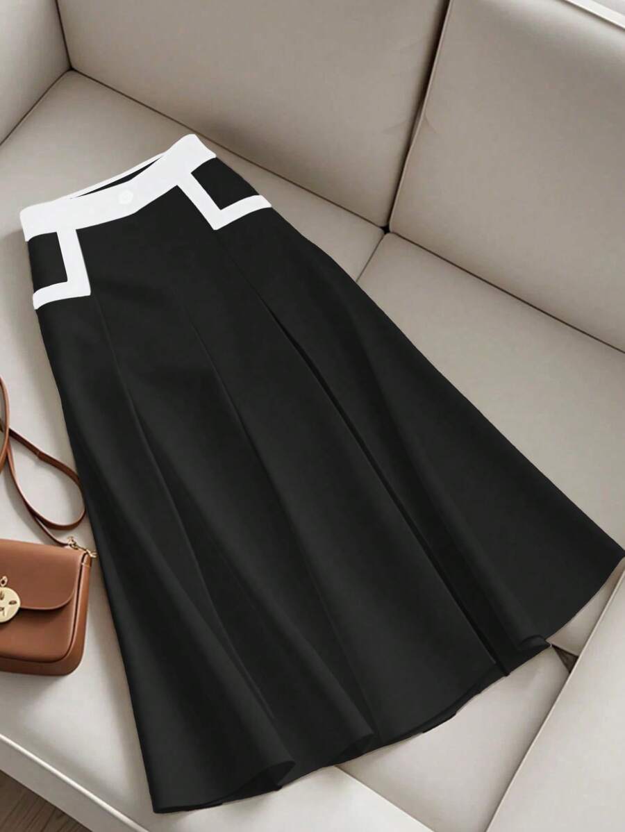 SHEIN Clasi Women Colorblock Pleated A-Line Skirt - Black - View 1